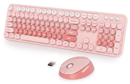 Vumilstek Cute Pink Keyboard and Mouse Combo Wireless, 2.4G Full Size 104-Key Retro Typewriter Keyboards Round Keys for Students Teenagers Home Office PC Laptop(Diary Pink)