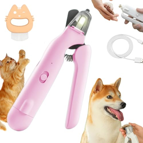 2-In-1 Krallenschneider Für Haustiere, Krallenschneider Für Hunde Mit Licht, Hundekrallen Schneider Für Katzen, Verletzungsfreies Nagelschneiden, Geräuscharm, Eingebauter Schleifer (PINK)