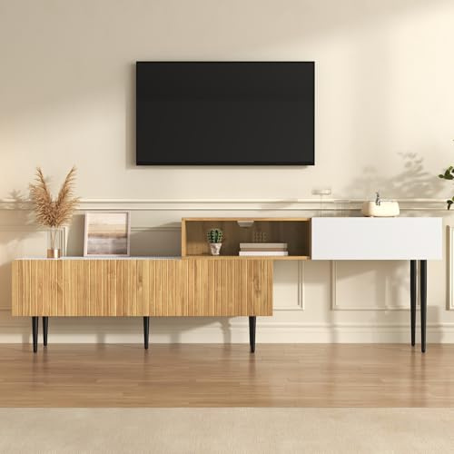 Generisch Meuble TV moderne à longueur réglable, design modulaire en 2 parties, aspect bois blanc mat, pieds en métal noir