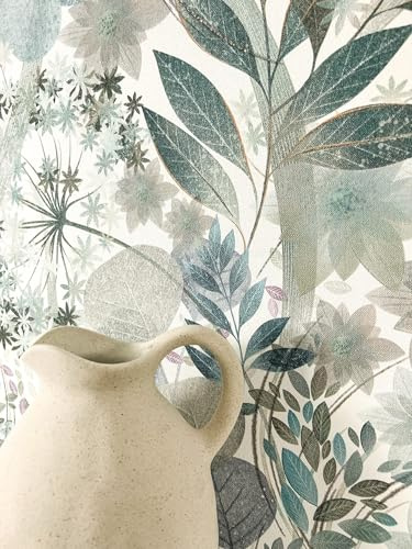 Newroom Vliestapete Olive Blumen Tapete Skandinavisch Wohnzimmer | Doldenblüten und Zweige mit ovalen Blattsilhouetten, kühles Petrolgrün und Grautöne, cremeweißer Fond, Blumentapete, Büro