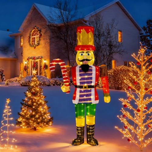 SOARS Weihnachten Nussknacker Figur groß, Weihnachtsdeko aussen XXL, 110 warmweiße LED-Lichter, 170 cm Weihnachtsfigur mit Zuckerstange, Weihnachtsbeleuchtung für außen und innen