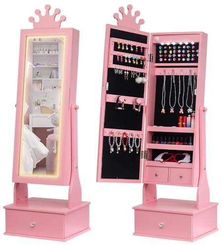 GarveeHome Kids Jewelry Armoire,Child Jewelry Cabinet with Led Light,Freestanding Jewelry Organizer with Full Length Mirror&Storage Drawers,Kids Vanity Dress Up Mirror Jewelry Cabinet for Girls(Pink)
