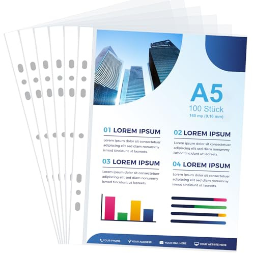 100 Stück Klarsichthüllen A5, 160 my (0.16 mm) Klarsichthüllen A5 Glasklar | Din A5 Klarsichthüllen, Prospekthüllen, A5 Folie für Papier, Archiven, Dokumenten und Fotografien (Innenmaße: 155 x 213mm）