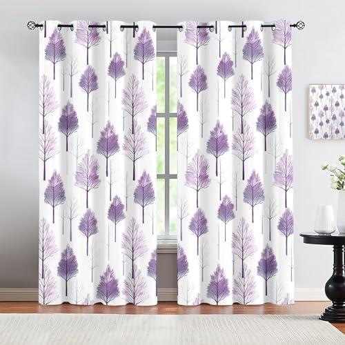 VELOMEA Nordic Bäume Vorhänge, Skandinavisch Wasserfarben Naturmuster Gardinen, Blickdicht Verdunkelungsvorhang mit Ösen für Wohnzimmer Schlafzimmer Lila Weiß,2er Pack 214x214 cm