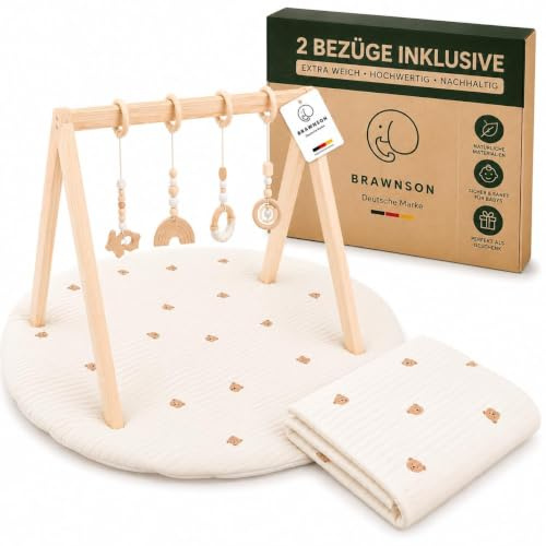 Baby Spielbogen Holz mit Spielmatte - 2 waschbare Bezüge & 4cm dicke Krabbelmatte – Premium Baby Gym aus Naturholz mit Anhängern - Spieltrapez für Neugeborene ab Geburt