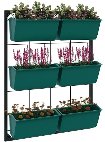 Outsunny Porta Piante da Esterno Verticale a 3 Livelli, 6 Vasi per Piante da Esterno in Plastica con Fori di Drenaggio, Portavasi da Appendere per Fiori ed Erbe Aromatiche, 52x14x66 cm, Verde