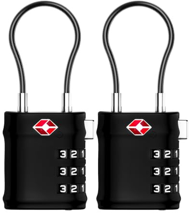 LUGGEX Cadenas Valise TSA Approuvé, Cadenas Valise Avion à 3 chiffres | Câble Flexible pour Valise, Cadenas Sac à Dos, Ouverture en un Clic et Boîte Cadeau (Noir-Argenté, 2 pièces)