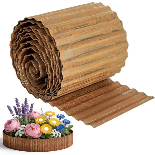 DASIAUTOEM Bordo per prato in acciaio Corten, in metallo, 20 x 600 cm, bordo ondulato, robusto, vera ruggine, moderno, per prato fai da te, aiuole e paesaggi