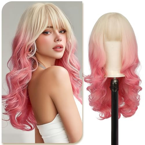 Sofeiyan Naturlig peruk för kvinnor, 60 cm, lång, vågig, peruk med rak lugg, ombre, blond, rosa, värmebeständigt syntetiskt hår, för dagligt bruk, festivaler, musik, cosplay