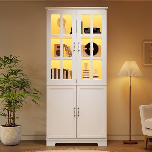 Kebnor Weiß Hochschrank mit 2 Glasgittern und 2 Volltüren, 80x38x180cm Bücherregal mit 5 Etagen, Spanplatte, Landhaus-Stil Vitrinenschrank für Wohnzimmer & Küche