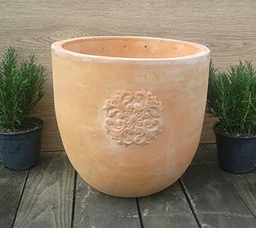 Schöner Blumentopf mit Ornament/Relief aus rötlichen Terrakotta ø 36 cm, Blumenkübel Pflanztopf Übertopf für Garten und Wohnung Terracotta