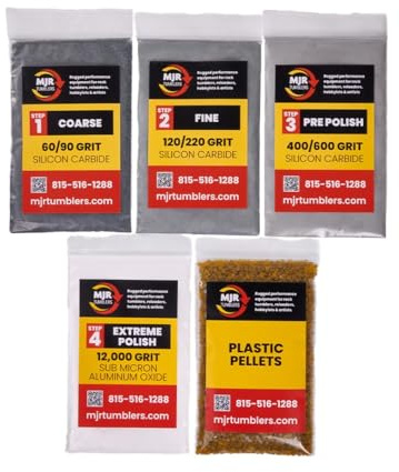 MJR Tumblers Rock Tumbler Media Refill Kit with Plastic Pellets for 20lb Rotary or Vibratory Tumblers 4 Stages with Silicon Carbide and Aluminum Oxide Abrasive Grit for Polishing All Stones and Gems