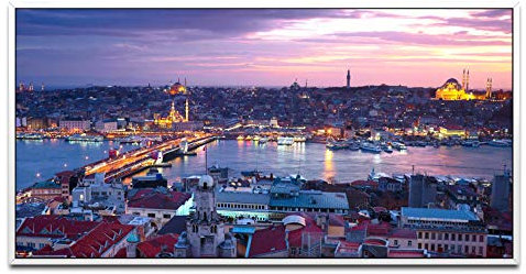 Istanbul Sonnenuntergang ca. 130x70cm Wandbild inklusive Schattenfugenrahmen weiss - Panorama Leinwand Bild XXL Format Wandbilder Wohnzimmer Wohnung Deko Kunstdrucke