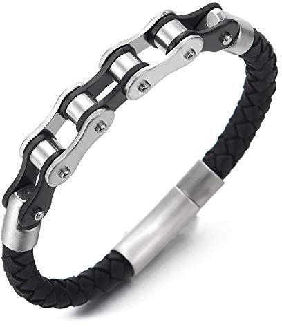 COOLSTEELANDBEYOND Acero Plata Negro Bike Chain Cadena Bici Motocicleta Pulsera, Negro Cuero Trenzado Brazalete de Hombre, Cierre Mosquetón