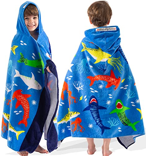 VOOVA & MOVAS Hooded Towel for Toddlers 3-8 Years,30''X50'',Soft | Thick | Cotton | Absorbent | Large Beach | Pool | Bath | Swim Towels | Cover up for Boys, Shark Fish