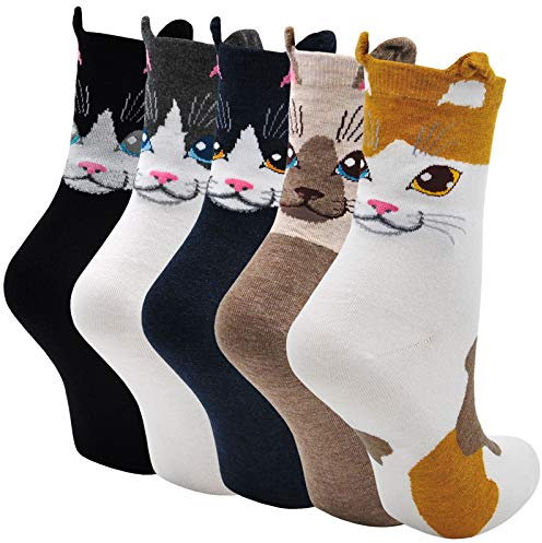 LOFIR Damstrumpor med söta djur, roliga tecknade hund- och kattmotiv, funky kawaii-strumpor i bomull, nyhetsstrumpor för tjejer, julstrumpor, storlek 37–44 (UK 4–10), 5 par, Färg 1, 37-44 EU