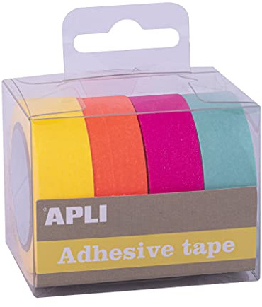 APLI - 18817 - Confezione nastri adesivi decorativi - carta tipo WASHI TAPE - colori fluoro - 4 rotoli- Nastri da 15 mm x 15 m