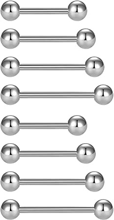 FECTAS 8pcs Tongue Nipple Bars 14G Stainless Steel 12/14/16/18mm Barbell Piercing