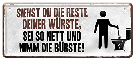Lustiges Toilettenschild - Deko Blechschild für WC Klo Bad - stilvolle Wanddeko fürs Örtchen - nettes Hygiene Hinweisschild zum Gebrauch der Klobürste - 28x12cm