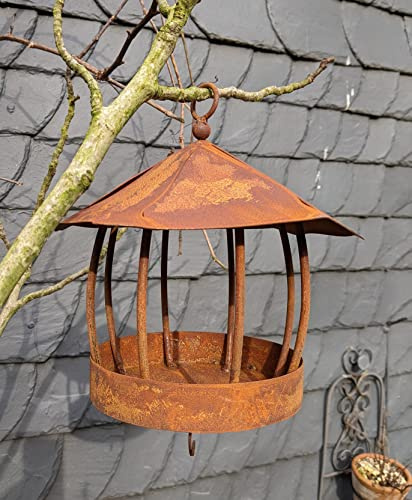 terracotta-toepfe-de Vogelhaus ca. 25 cm hoch mit Ring zum Aufhängen aus Metall in Edelrost für Vögel im Garten und auf dem Balkon