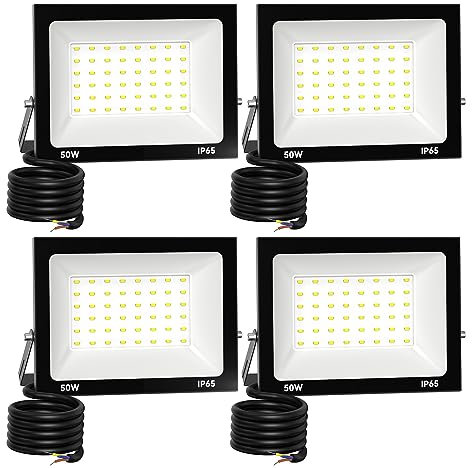 Lot de 4 Projecteur LED 50W 5000LM Blanc Chaud 3000K Super Lumineux, Spot Extérieur IP65 Étanche avec Verre Trempé à Grain Fin pour Entrée, Terrasse, Square, Usine