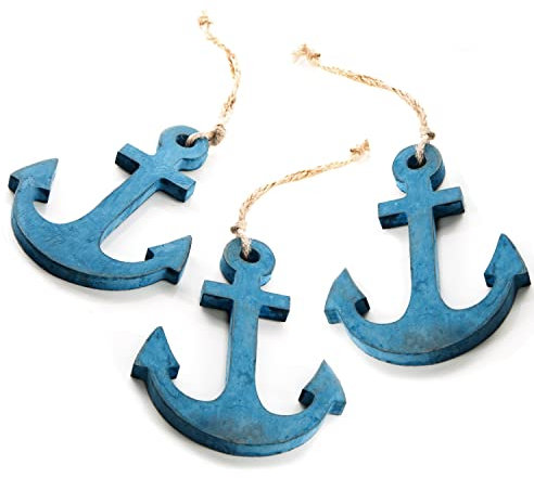 Logbuch-Verlag 3 ciondoli a forma di ancora, blu, 12 cm, in legno, ancora, decorazione marittima, decorazione per il bagno