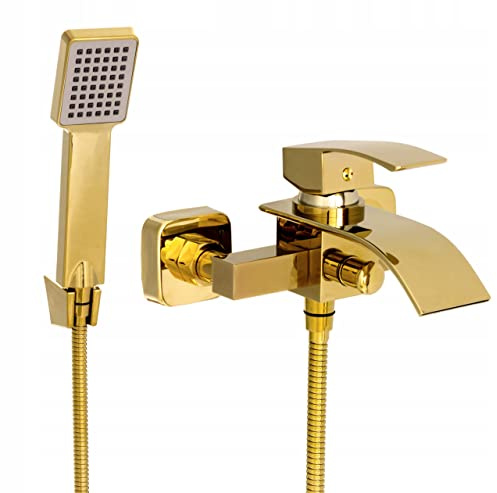 Granitan Badewannenarmatur mit Handbrause, Modisch und Funktionell, Gold | Einhand Badewannenarmatur Wasserfall aus Messing, Elsa, Wasserhahn Badewanne