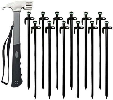Linwnil Zeltheringe, robust, geschmiedeter Stahl, ungebogen, ideal für Campingpfähle für steinige und harte Plätze (30 cm, 12 Stück + Zelthammer)