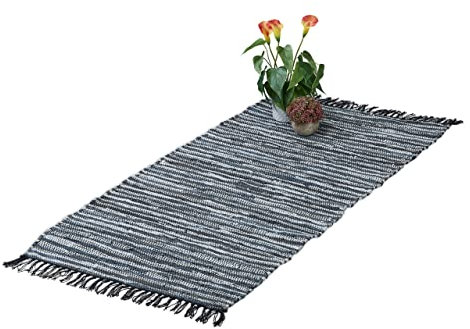 Relaxdays Flickenteppich, 70 x 140 cm, Baumwolle & Leder, Teppichläufer mit Fransen, rutschfest, Fleckerlteppich, grau