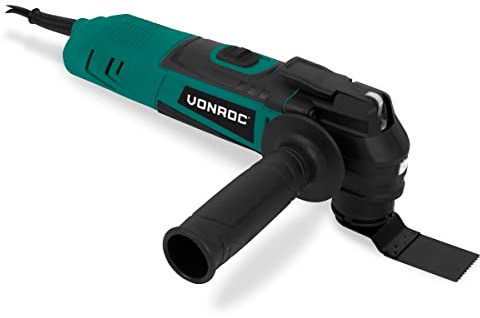 VONROC Multiherramienta oscilante 350W - Velocidad variable 12.000-22.000 r/min. - Incluye base de lijado, cuchilla de corte por inmersión, cuchilla rascadora y adaptador de polvo