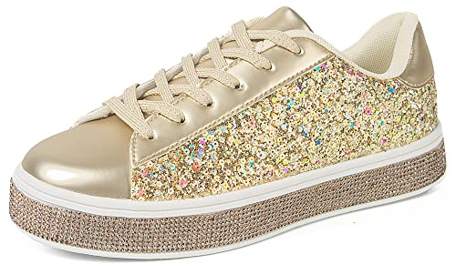 UUBARIS Dam glitter tennissneakers neon dressy glittrande sneakers strass bling bröllop brudskor glänsande paljettskor, Guldpaljetter, 42 EU