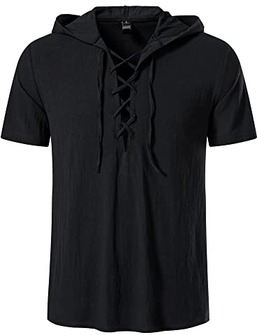 MakingDa Lace Up Viking T Shirt Men with Hood Retro Medieval Costume Cotton Pirate Renaissance Victorian Steampunk Gothic LARP Hooded Tops-Black-2XL