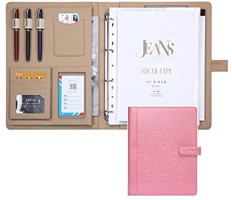 Schreibmappe A4 Konferenzmappe Ringbuch PU Leder Ordner Klemmbrett Dokumentenmappe Kartenfächer Visitenkartenetui Messenger Bag Für Damen Herren (Color : Pink, Size : No Calculator)