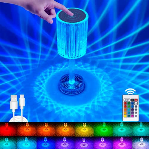 Lámpara de Mesa de Cristal, Lámpara Diamante LED de Mesita de Noche RGB de 16 Colores Acrílico. Luz Ambiental Recargable, Táctil, con Control Remoto para Dormitorio, Sala de estar, Comedor.