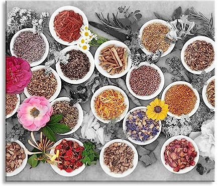 Heilende Kräuter und Blumen Herdabdeckplatte & Spritzschutz aus Echtglas | Für Herd-Kochfelder | 60x52 cm