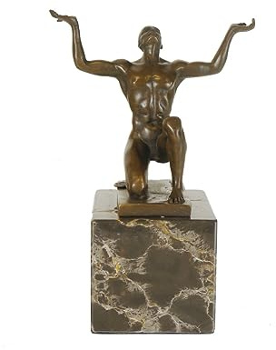 Bronze Figur Skulptur | Kniender männlicher Akt | Aktfigur auf edlem Marmorsockel (11108)