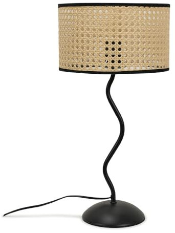 ValueLights | Black Metal Wavy Single Stem Table Lamp Base with Natural Wicker, Black Trim Shade | Home Décor, Bedside & Desk Lamp