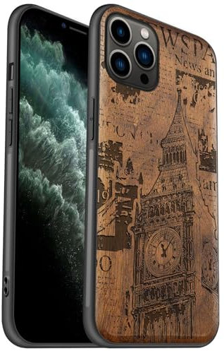 Carveit Coque en Bois pour iPhone 11 Pro Max Étui Protection Artistique Cover TPU Souple de téléphone Antichoc Compatible avec Apple 11 Pro Max Etui (Noyer-Big Ben au Milieu du Journal)