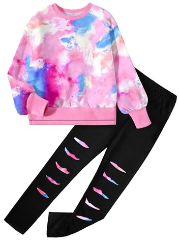 Tomolant Girls Clothes, Girls Outfits Tie Dye Sweatshirt Tops and Leggings Sweatpants 2 Piece Fall Winter Clothes Set 7-14T, Tie Dye Pink, 9-10 Years