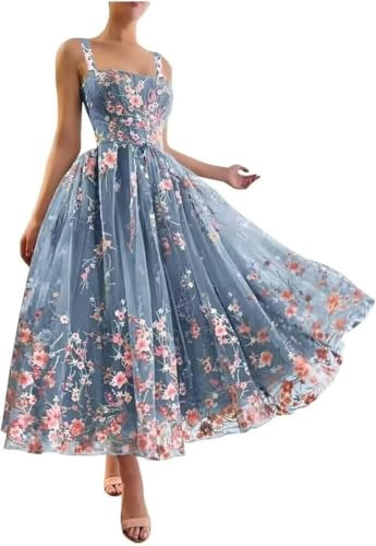 Beyonddress Blume Stickerei Abendkleider Lange Gestickt Abschlussball Kleider für Frauen Tüll Spitze Formelle Party Kleider(Dusty Blau,50)
