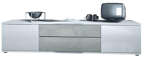 Vladon TV Lowboard Linio V2, Fernsehtisch mit 2 Türen und 2 Schubladen – Weiß/Beton Oxid Optik (166,5 x 37,5 x 35 cm)