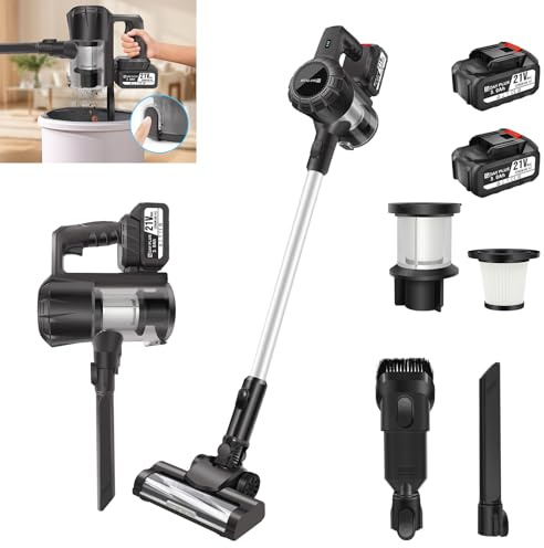 Bowose Aspirateur à main puissant avec double batterie et filtre, aspirateur à main léger avec lumière LED et support mural, aspirateur sans fil pour sols en bois dur, tapis, canapé, poils d'animaux