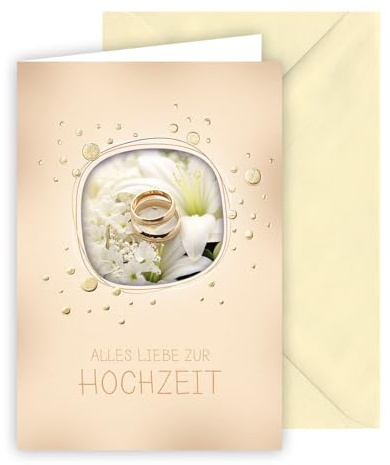 KE - Stilvolle Hochzeitskarte, Geschenk zur Hochzeit Format B6, inkl. Umschlag, goldene Folienprägung, Ausstanzung mit dahinter geklebtem Bild, Motiv: Ringe, Lilien
