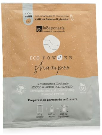 La Saponaria | Shampoo in polvere rinforzante e idratante, Shampoo eco bio da reidratare, rinforzante e Idratante con Cocco e Acido Ialuronico, 25g