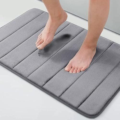 AMFUN Alfombra baño, Alfombrilla de Baño, Gris Claro Raya 50 * 80CM Absorbente Alfombras Ducha, Antideslizante, Espuma Viscoelástica, Lavable a Máquina, para Bañera,Ducha y Baño