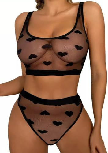 Women's Sheer Mesh Lingerie Set 2-Piece Heart Bra + High Waist Knickers | Sexy See-Through Bralette and Thong, Cute Love Pattern Crop Top + Panties Underwear Naughty Babydoll Nightwear for Valentine
