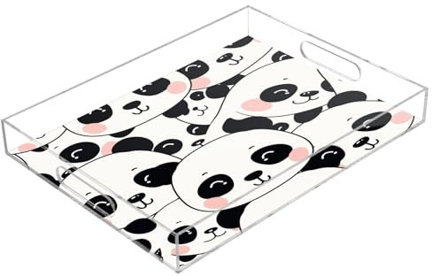 Petit plateau de service amusant en acrylique motif panda, plateau rectangulaire transparent avec poignées, plateau de service pour table basse, cuisine, salle de bain