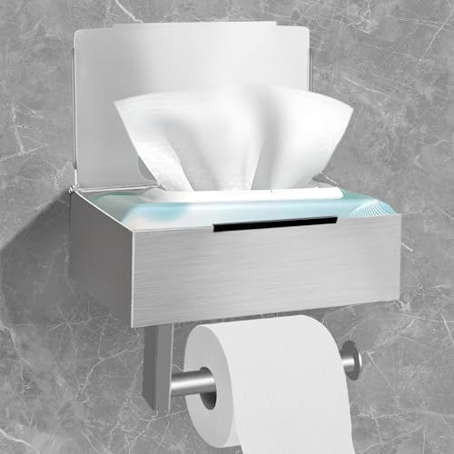 DOKKOME toalettpappershållare Klopappershållare Utan borrning Toalettrulleshållare Rulleshållare Toilet Paper Holder med våtservettslåda Hylla för badrum Självhäftande eller med borrning Silver Ny