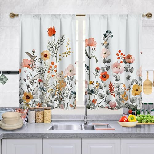 Highdi Tende Cucina con Sacchetto, 2 Pezzi Tendine Cucina Tendina Sottolavello con Semplice Motivi, Tende per Finestre Piccole per Soggiorno, Casa in Stile Rustico (Arancio,70x50cm)
