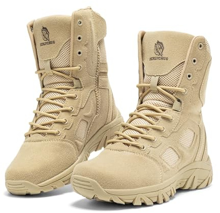 derlychug Men's 8 inch Military Tactical Combat Boots Side Zipper Lightweight Durable Slip-Resistant Hiking Outdoor Work Boots(SuedeSand 45)